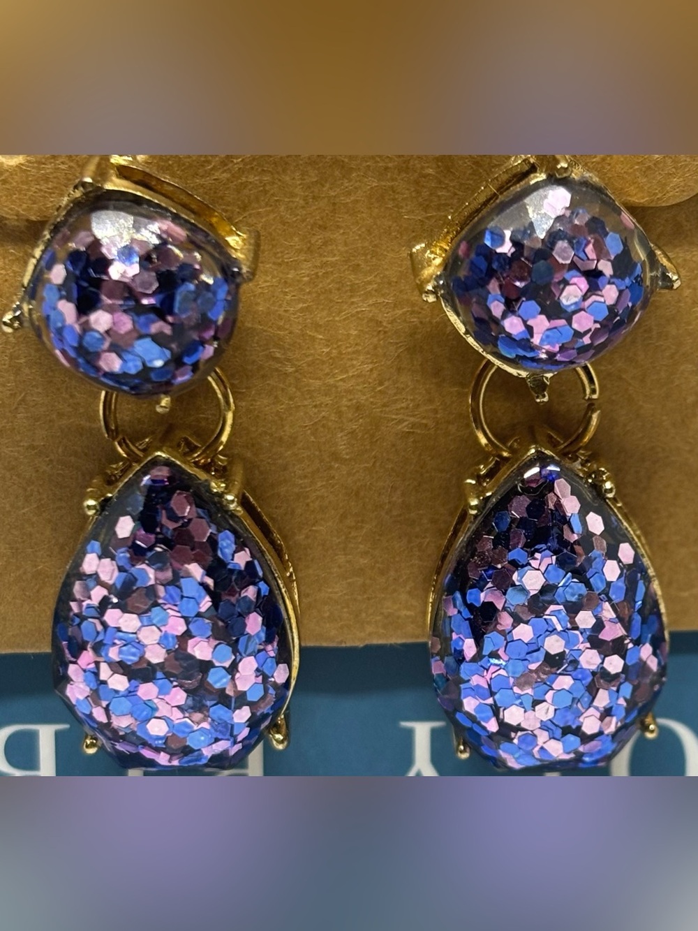 Gold-Tone Drop Earrings with Purple and Blue Glitter Teardrops